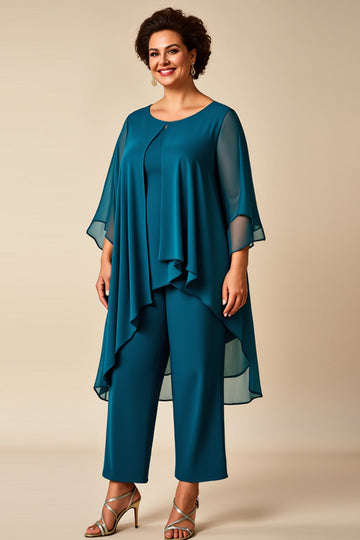 Peacock Chiffon Round Neck 2 Piece Plus Size Mother Of Bride Pantsuits
